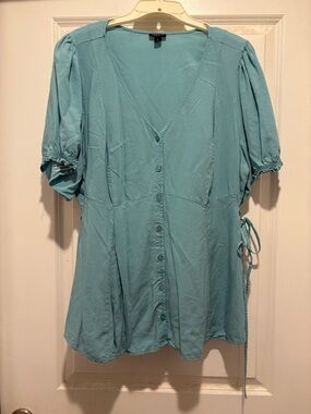 torrid Teal Button-Front V-Neck Blouse with Side Tie